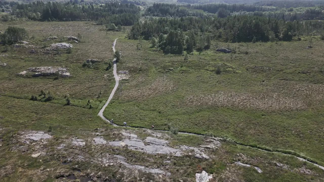 Grindpad door de heide, van bovenaf gefilmd